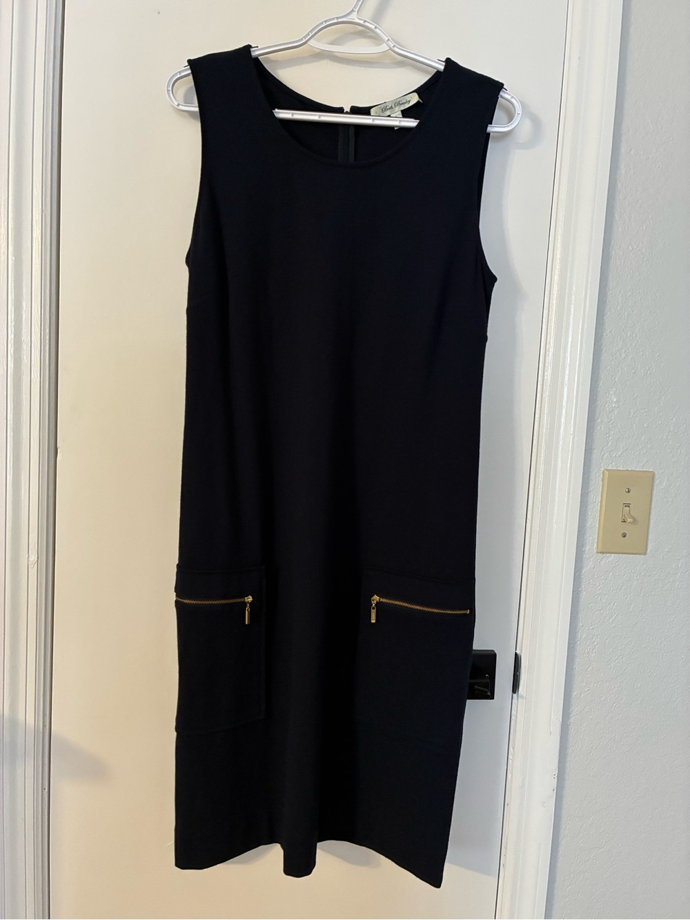 Vintage Beth Bowley Black Sleeveless Midi Dress with Gold Zipper Details